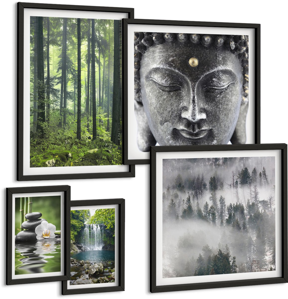 Coloray 5-Delige Schilderij Set - Rustgevende Natuurthema'S Met Zen-Elementen En Watervallen - 50 x 50 cm, 20 x 30 cm En 40 x 60 cm - Muurdecoratie - Wanddecoratie - Hal Zwarte lijst