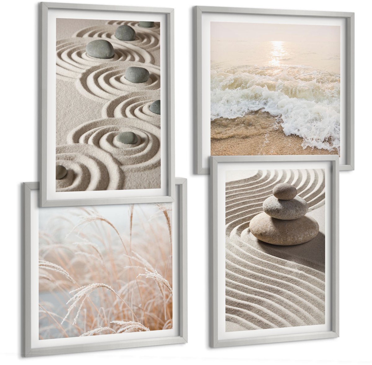 Coloray 4-Delige Schilderij Set - Rustig Zand En Kabbelend Water Met Kiezels Op Het Strand. - 40 x 40 cm En 40 x 60 cm - Wanddecoratie - Schilderijen Set - Interieur