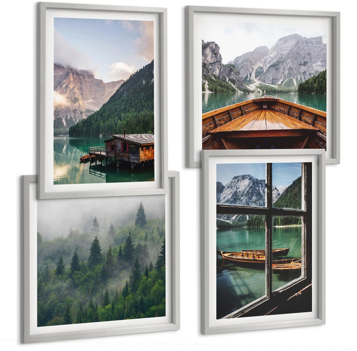 Coloray 4-Delige Schilderij Set - Bergmeer Met Een Boot En Houten Huisjes - 40 x 40 cm En 40 x 60 cm - Wanddecoratie - Muurdecoratie - Woonkamer - Decoratieve Schilderijen