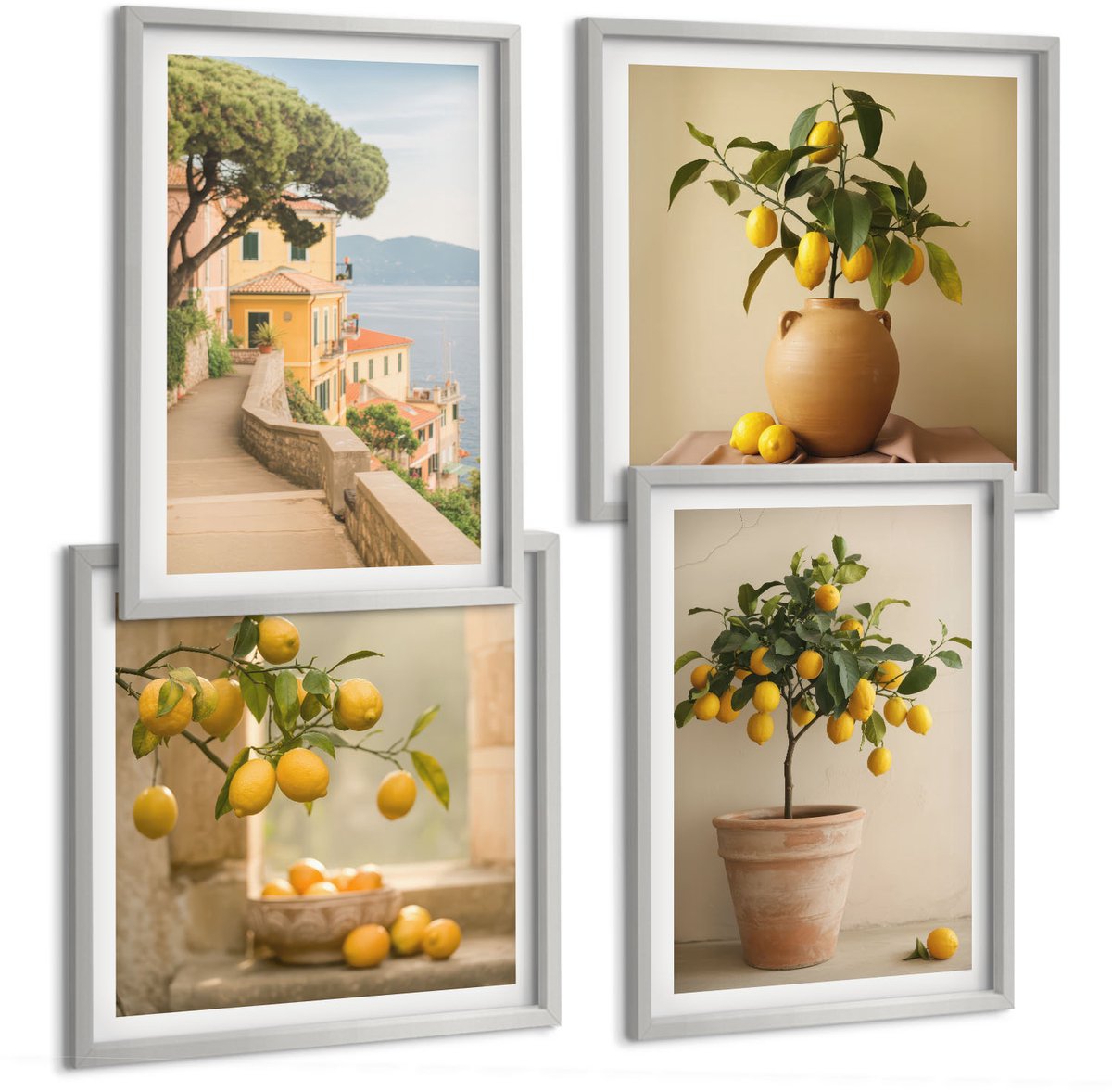Coloray 4-Delige Schilderij Set - Citroenbomen In Potten En Op De Vensterbank - 40 x 40 cm En 40 x 60 cm - Decoratieve Muurdecoratie - Slaapkamer