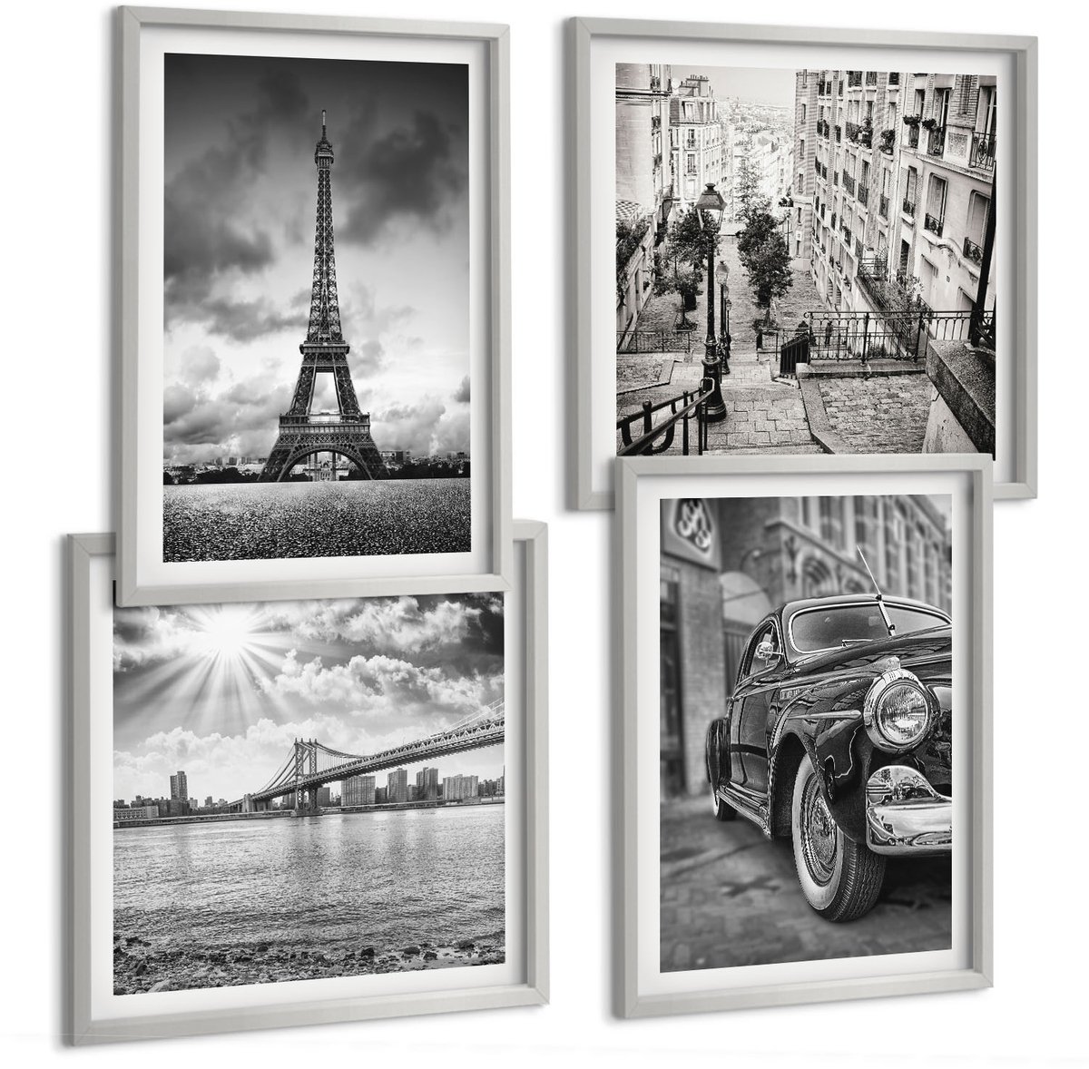 Coloray 4-Delige Schilderij Set - Stadsgezichten Bruggen Eiffeltoren Klassieke Auto - 40 x 40 cm En 40 x 60 cm - Muurdecoratie - Wanddecoratie - Hal - Woonkamer Decoratie