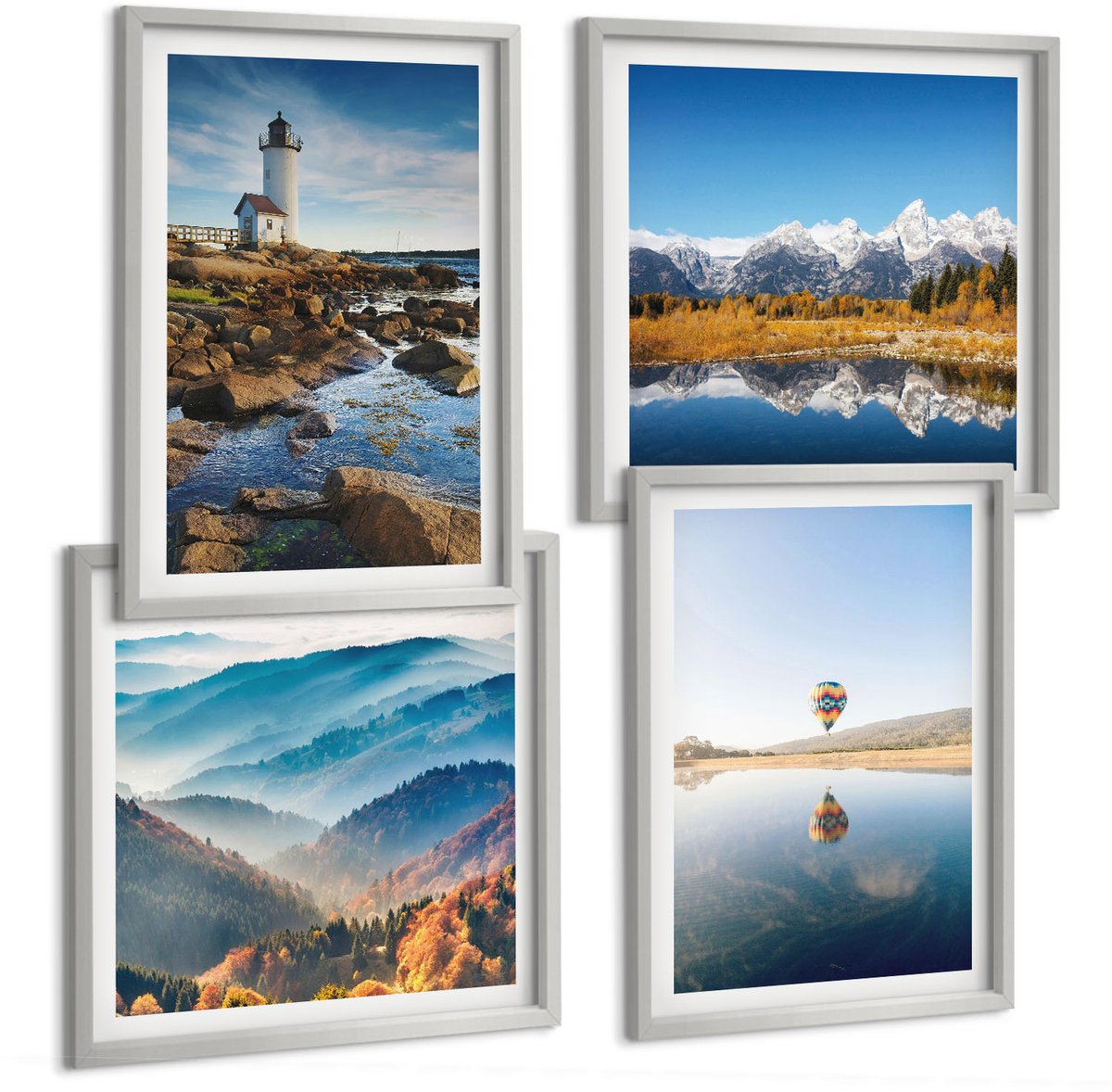 Coloray 4-Delige Schilderij Set - Uitzicht Op De Natuur Met Een Vuurtoren, Bergen, Een Meer En Een Ballon. - 40 x 40 cm En 40 x 60 cm - Stijlvolle Muurdecoratie - Slaapkamer - Woonkamer Decoratie