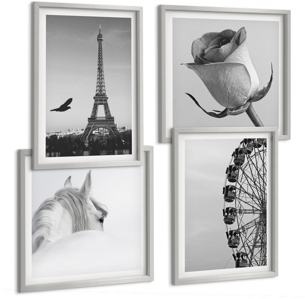 Coloray 4-Delige Schilderij Set - Roze Eiffeltoren Paard Reuzenrad Monochroom - 40 x 40 cm En 40 x 60 cm - Wanddecoratie - Woonkamer Decoratie - Moderne Wanddecoratie