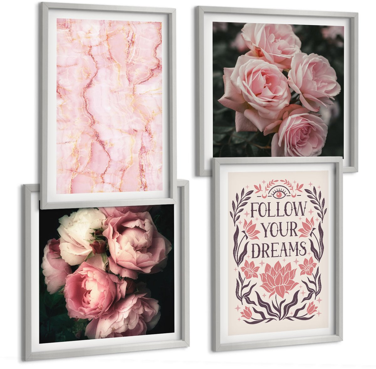 Coloray 4-Delige Schilderij Set - Vintage Rozen Marmeren Inscriptie Over Dromen - 40 x 40 cm En 40 x 60 cm - Muurdecoratie - Interieur Decoratie - Stijlvolle Muurdecoratie