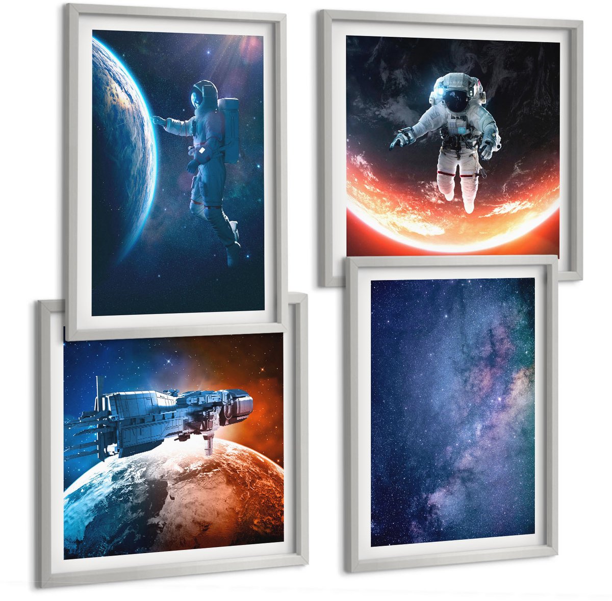 Coloray 4-Delige Schilderij Set - Uitzichten Vanuit De Ruimte: Astronauten In De Sterren - 40 x 40 cm En 40 x 60 cm - Wanddecoratie - Muurdecoratie - Moderne Interieurdecoratie