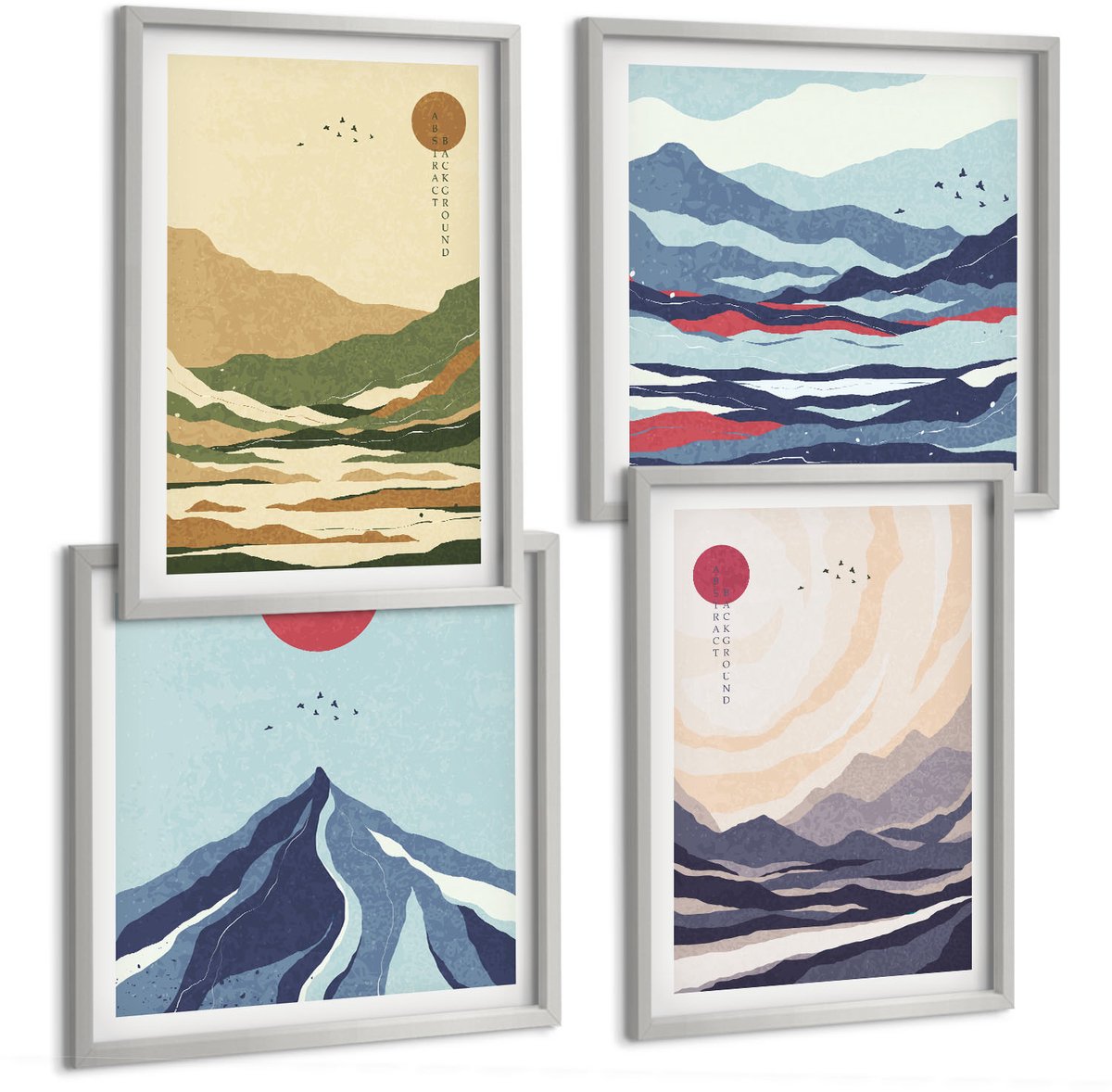 Coloray 4-Delige Schilderij Set - Bergen In Pastelkleuren In Japanse Stijl - 40 x 40 cm En 40 x 60 cm - Wanddecoratie - Woonkamer Decoratie - Muurdecoratie