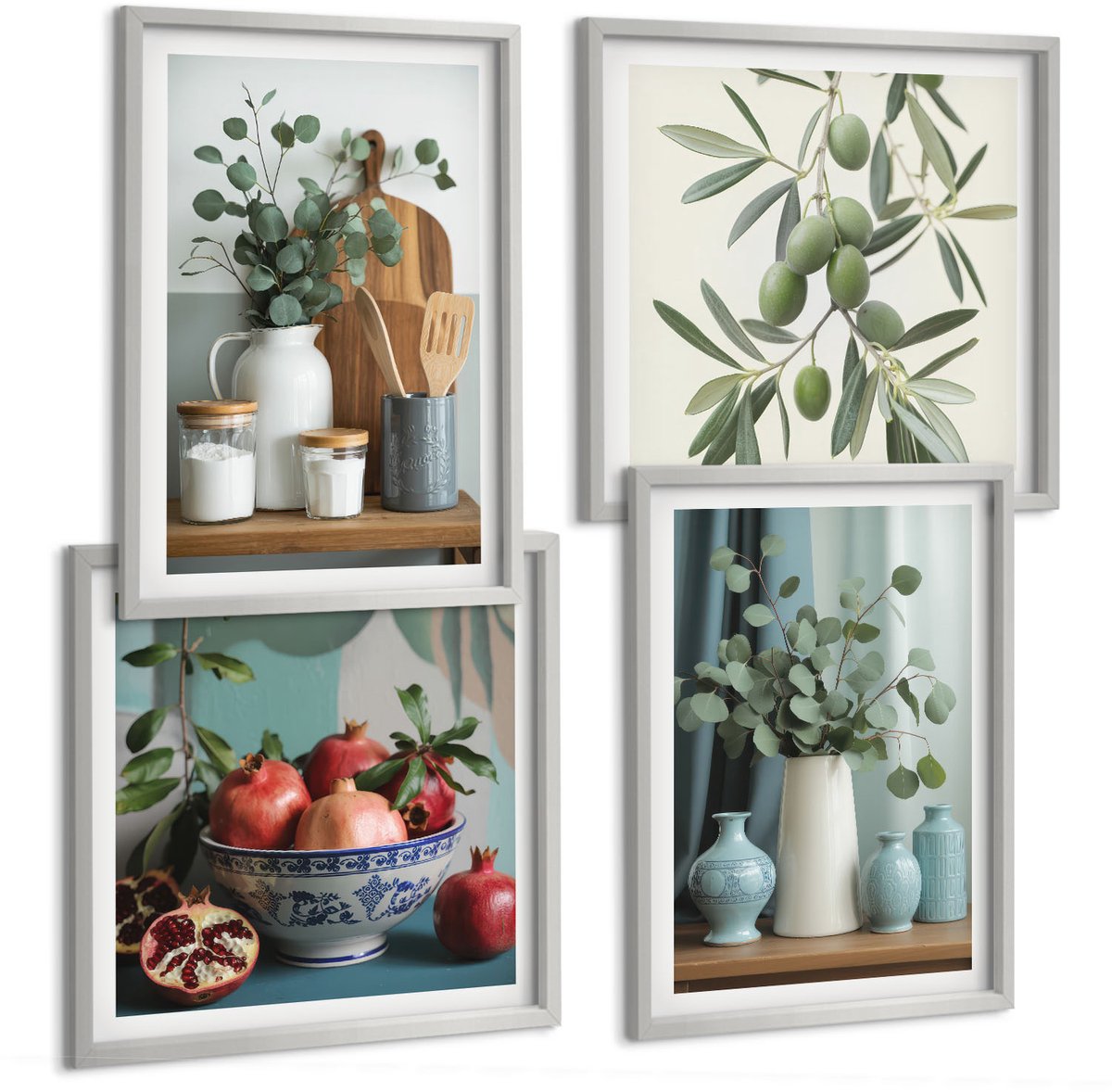 Coloray 4-Delige Schilderij Set - Esthetisch Aantrekkelijke Combinatie Van Groene Olijven En Eucalyptustakken - 40 x 40 cm En 40 x 60 cm - Decoratieve Schilderijen - Wanddecoratie - Hal