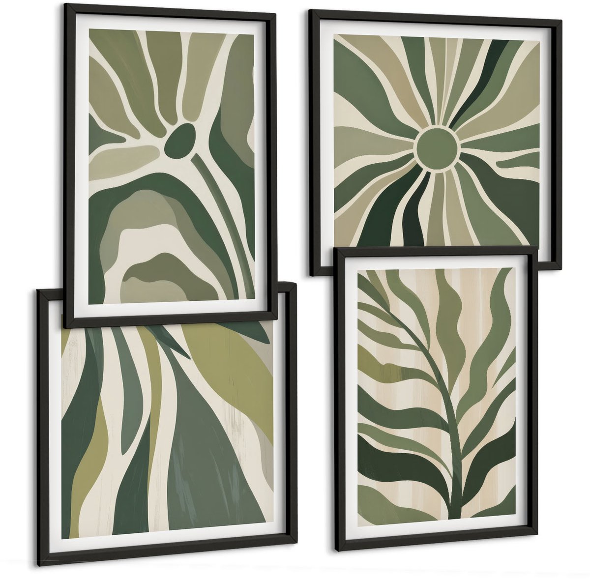 Coloray 4-Delige Schilderij Set - Geschilderde Illustraties Van Bladeren In Verschillende Tinten Groen. - 40 x 40 cm En 40 x 60 cm - Decoratieve Schilderijen - Wanddecoratie - Hal - Interieur Decoratie Zwarte lijst