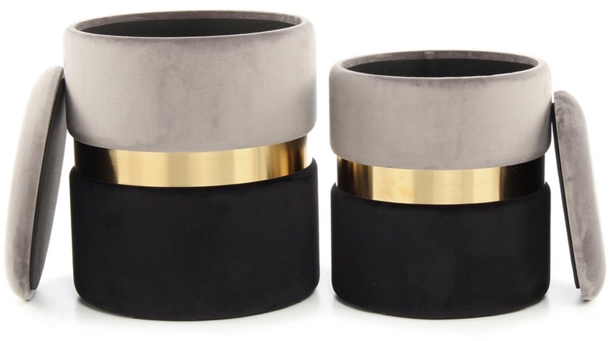 Padiro ronde opbergpoefs set van 2 Ø 31,5/36 cm - grijs, goudkleurig en zwart - fluweel - tweekleurig met sierring