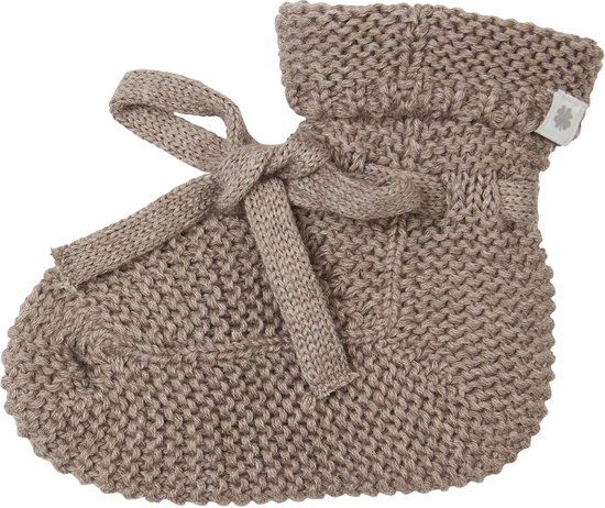Gebreide taupe melange slofjes met strik en klein logo-label.