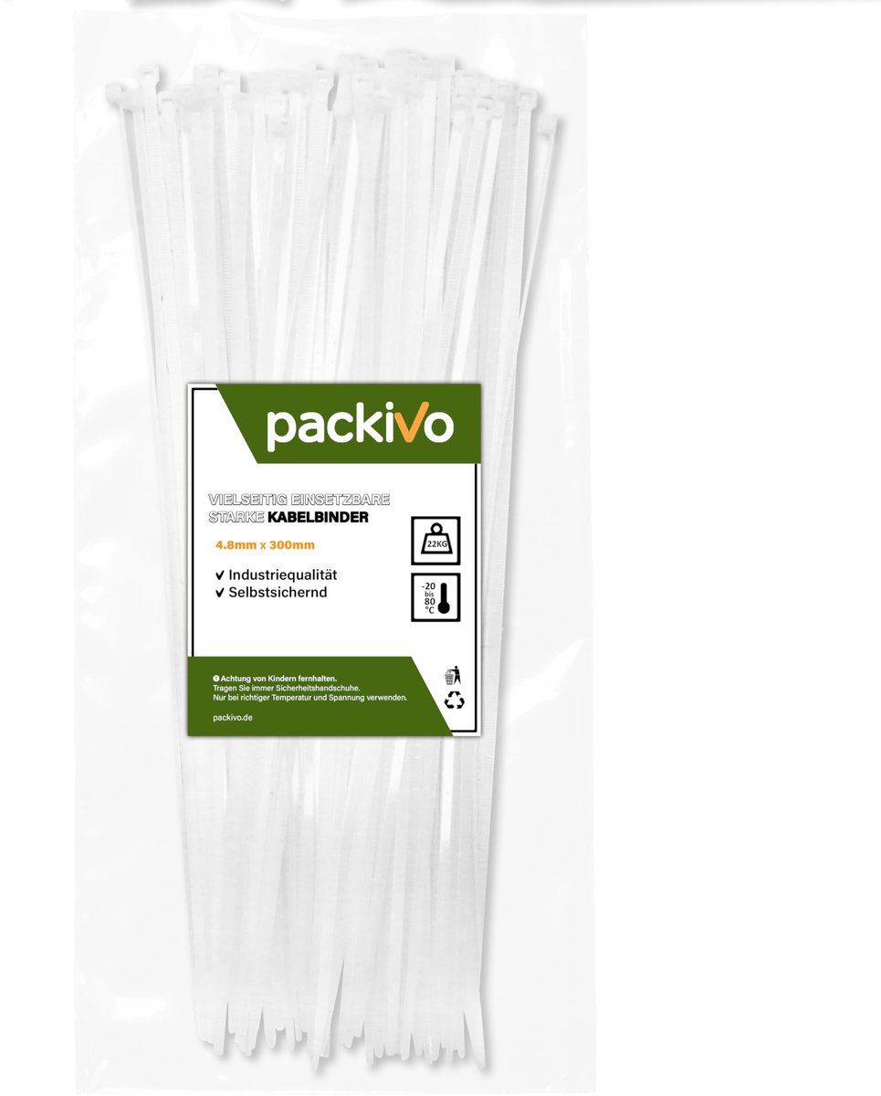 PACKIVO Profi Kabelbinder 4,8 x 300 mm Wit zwart extra sterke kabelbinders industriële kwaliteit Treksterkte 22Kg voor - ShopVlot