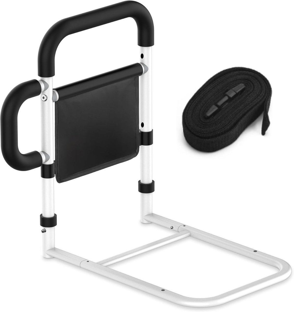 Bedsteun voor Opstaan - Bedbeugel met Dubbele Handgreep - Koolstofstalen Frame - Met Opbergtas en Bevestigingsband - Montage Zonder Boren