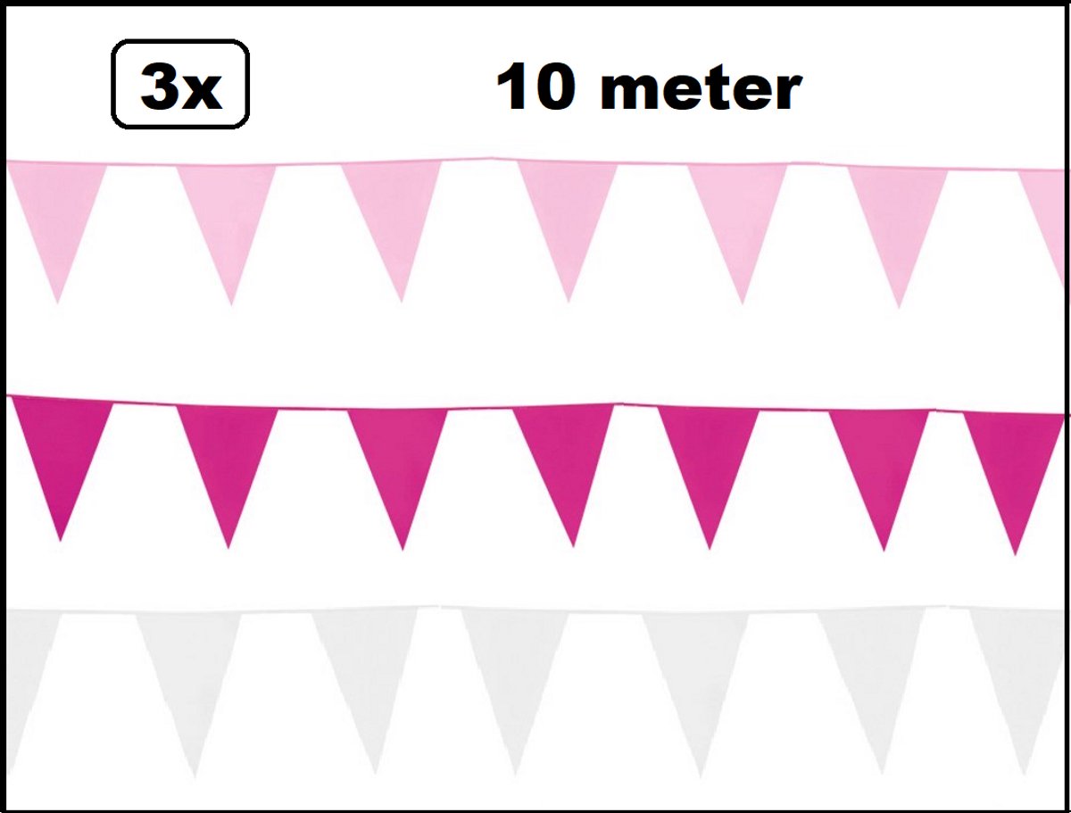 3x Vlaggenlijn roze/pink/wit 10 meter - totaal 30 meter - Foute party versiering slinger themafeest