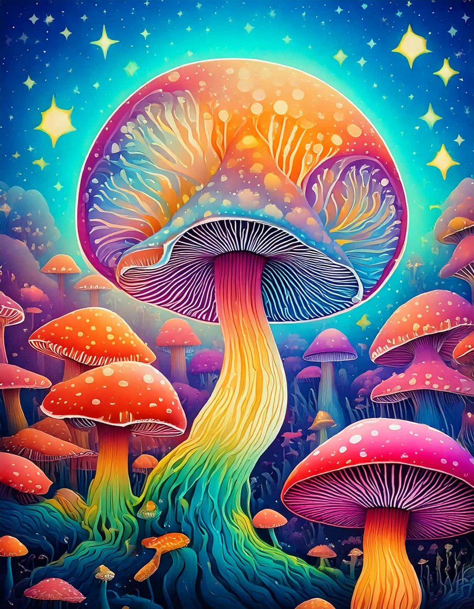 Psychedelische Paddenstoel Poster - Planten Posters - Trip - Wanddecoratie Slaapkamer - 180 gram papier - 5847JVA - Formaat 60 x 90cm