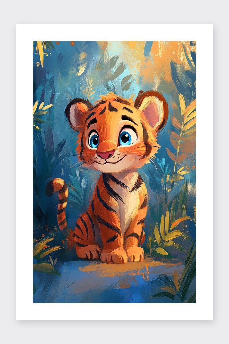 Tijger Poster - Dieren Posters - Aquarel - Passe-Partouts Effect - Wanddecoratie Kinderkamer - 180 gram papier - B5915MT - Formaat 60 x 90cm