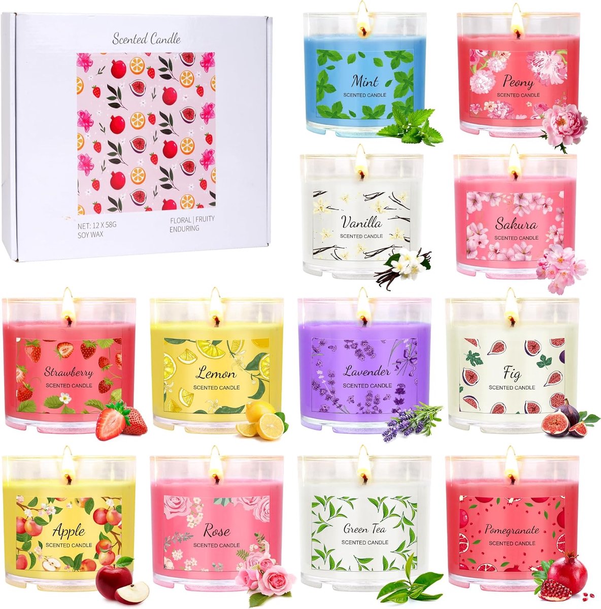 Cadeauset, 12 stuks 70 ml natuurlijke sojawas langdurig draagbaar reisblik, perfecte kaarsen cadeauset voor vrouwen, verjaardagen, bruiloften, Kerstmis, yoga, bad