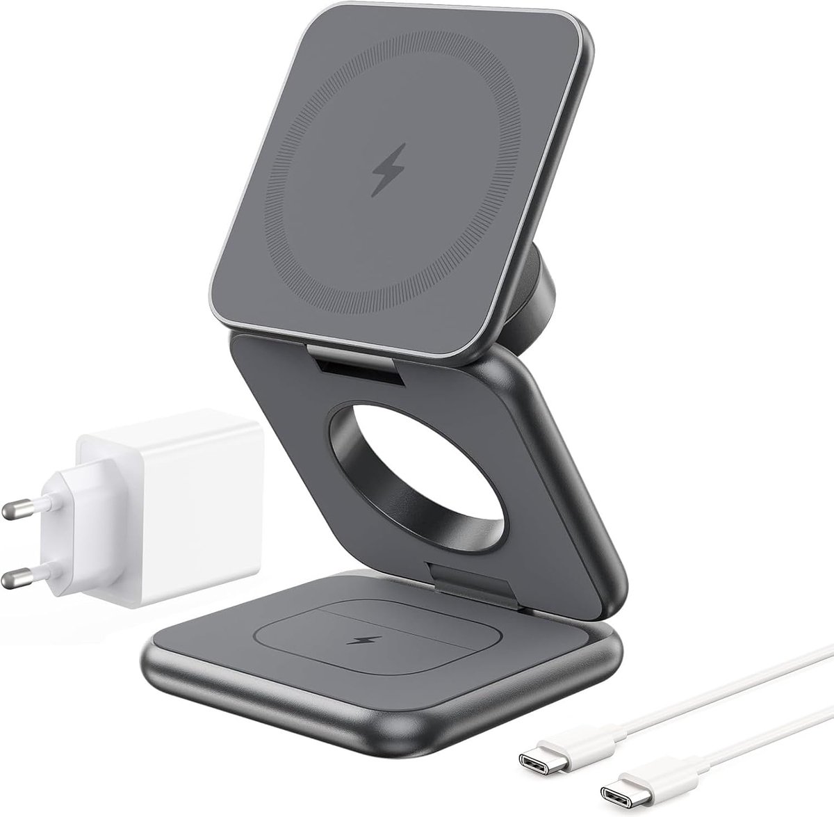 X40 3-in-1 Opvouwbaar Magnetisch Draadloos Laadstation, Inductieladers voor iPhone 16/15/14/13/12 Serie, 5W Snelladen voor Apple Watch 9/8/7/6/Ultra 2 en AirPods Pro 4/3/2 - Grijs
