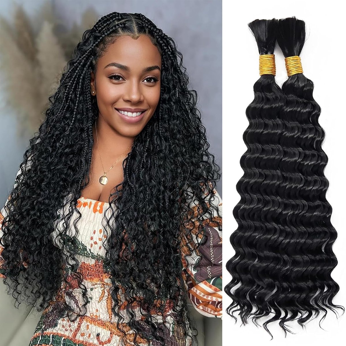 Wave Bulk Hair 18 Inch 6 Bundles Synthetic Braiding Hair Curly Crochet Hair Boho Braids Natural Color for Hair Extensions (1B, 18 Inch（6 Bundles）)