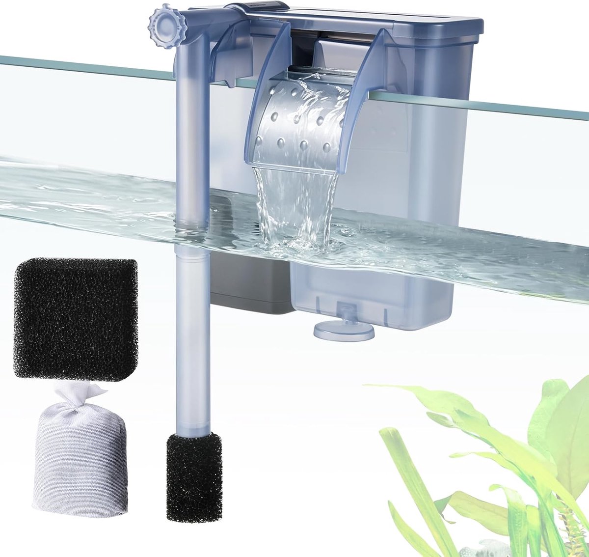 5 W aquariumfilter: ultrastil 470L/H aquarium HOB buitenfilter met filterspons en actieve kool, instelbare watervalfilter voor aquaria van 15-70 liter