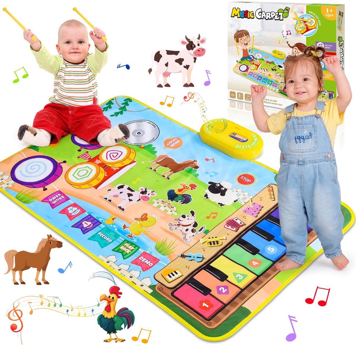 casalora - 3 in 1 Muziekmat - Kinderspeelgoed 1 2 3 Jaar - Dansmat - Pianomat - boerderijdier touch speelkleed - Pianoklavier & Drumset met 2 Drumstokken - Cadeau Vroeg Educatief Muzikaal Leerspeelgoed - meisjes en jongens - Babyspeelgoed