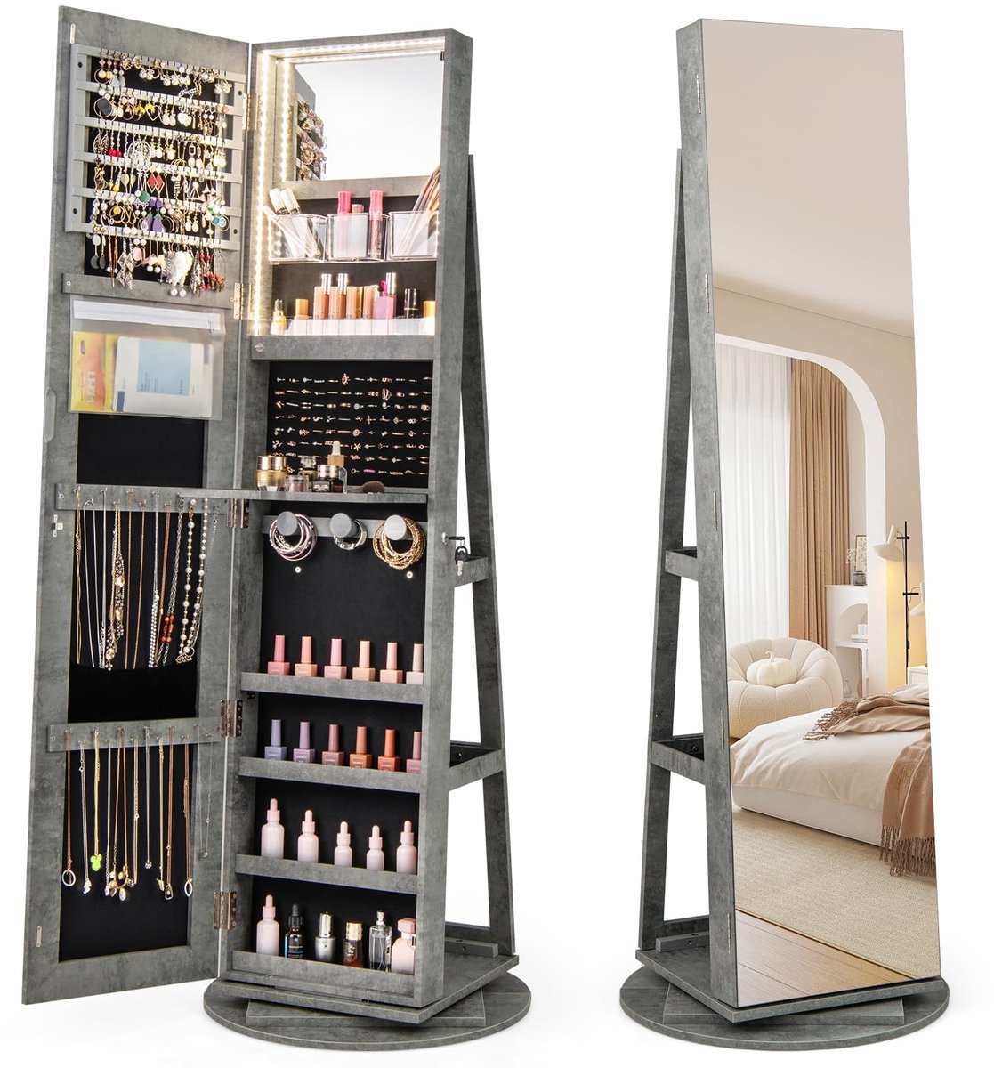 COSTWAY Sieradenkast met full-body spiegel, led-spiegelkast zonder frame, sieradenorganizer, 360 graden draaibaar en afsluitbaar, sieradenopslag (groen)