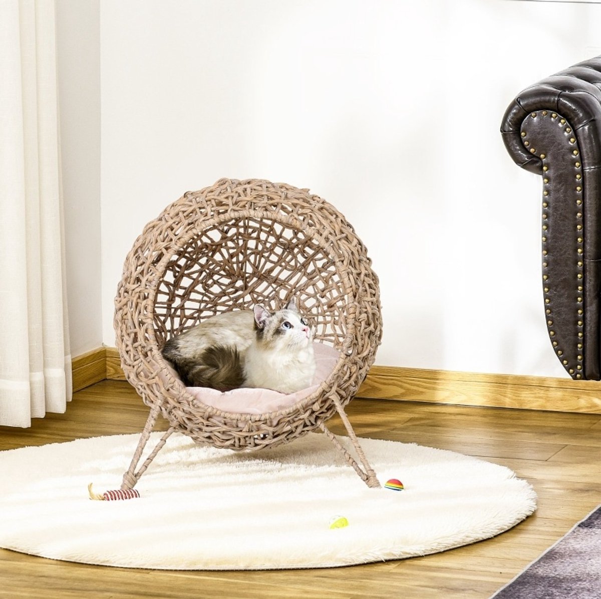 MODFU - Kattenhuis - Met Kussen - Verhoogde Poten - PE-Rattan En Metaal - Bruin - 52 x 58 cm