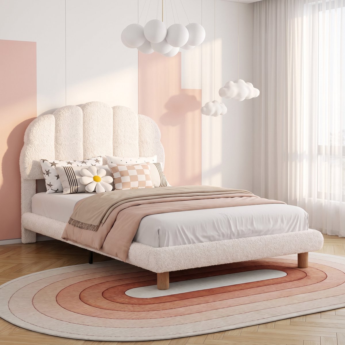 MEXUS Eenpersoonsbed Meisjes 90x200cm, Lattenbodem, Dikke Rugleuning, Zachte Wollen Fluwelen Bekleding, Massief Houten Bedpoten, Tienerbed, Zonder Matras (Wit, 90x200cm)