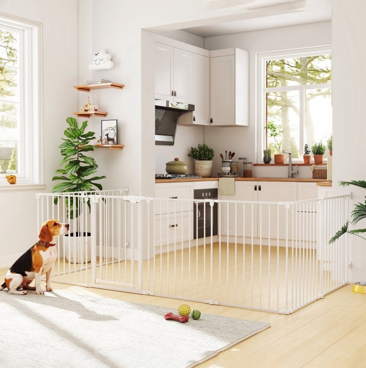 MODFU - Hondenhek - 8 Panelen Met Deur - Opvouwbaar - Voor Kleine En Middelgrote Honden - Wit