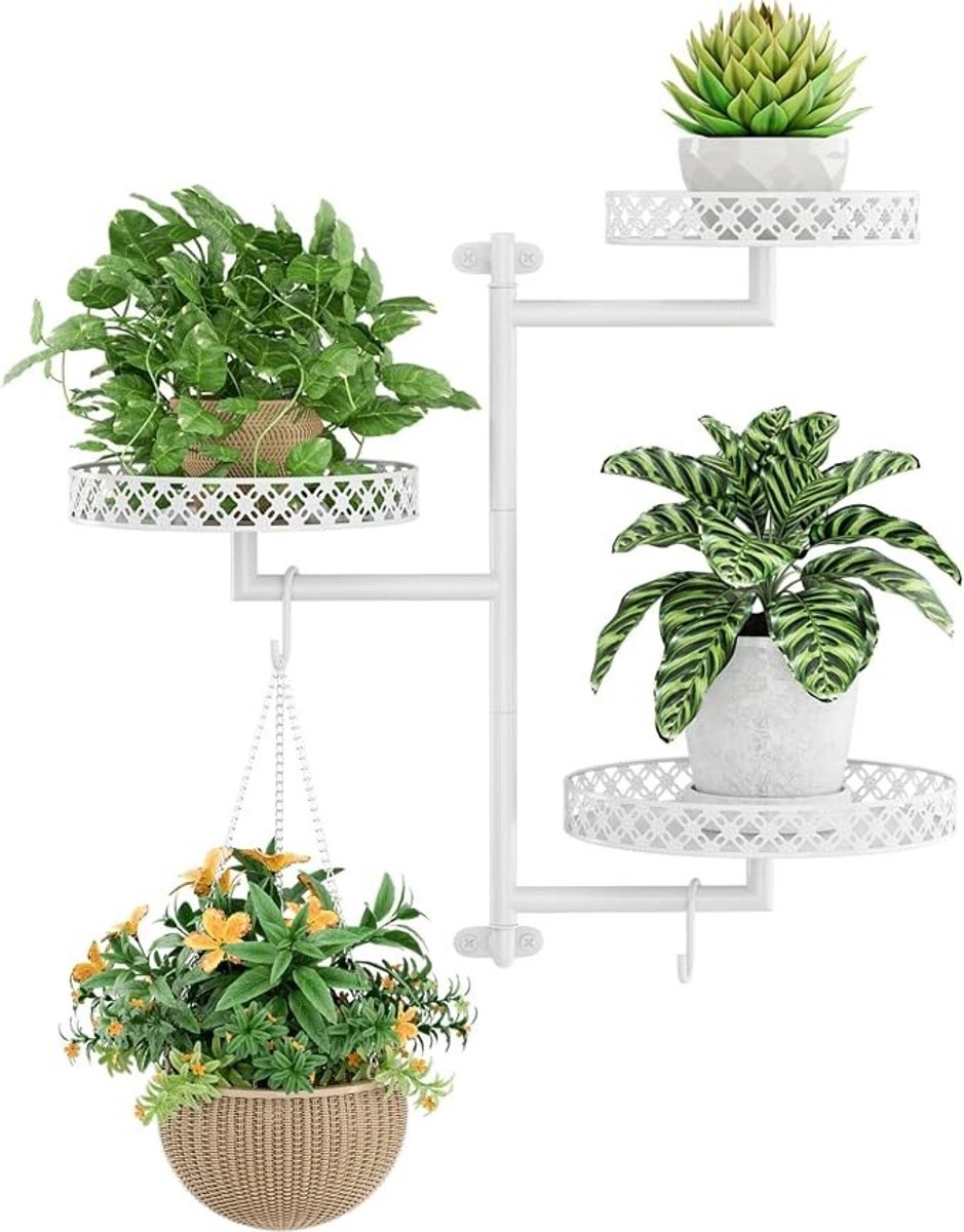 PolkaHome Draaibaar Plantenrek voor Binnen - 3 Niveaus, Wit Metaal, Muurbevestiging met Haken