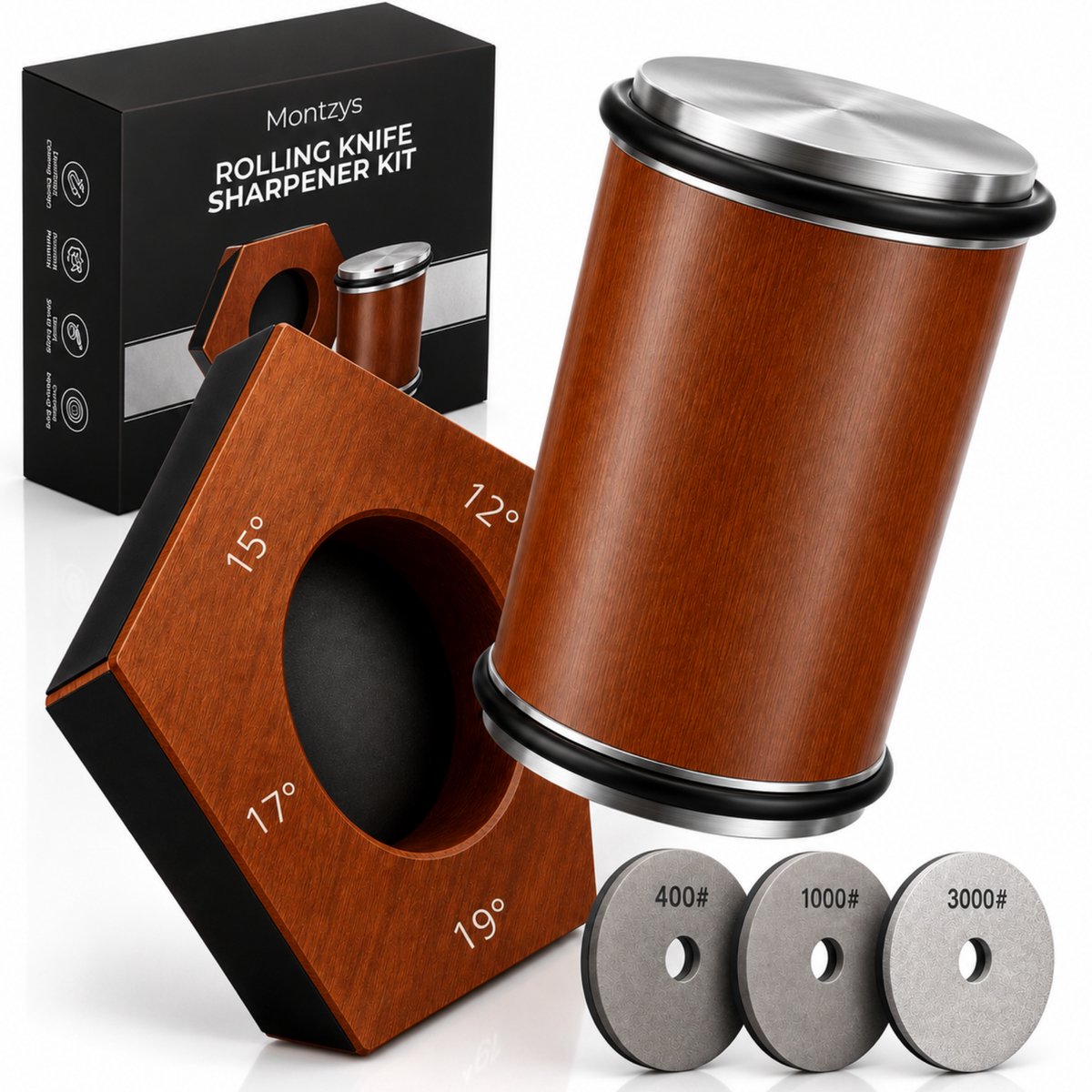 Montzys® Rollende Messenslijper met 5 Kanten - Slijpsteen & Aanzestaal voor Messen - Met keramische Diamantschijf 400, 1000 & 3000#