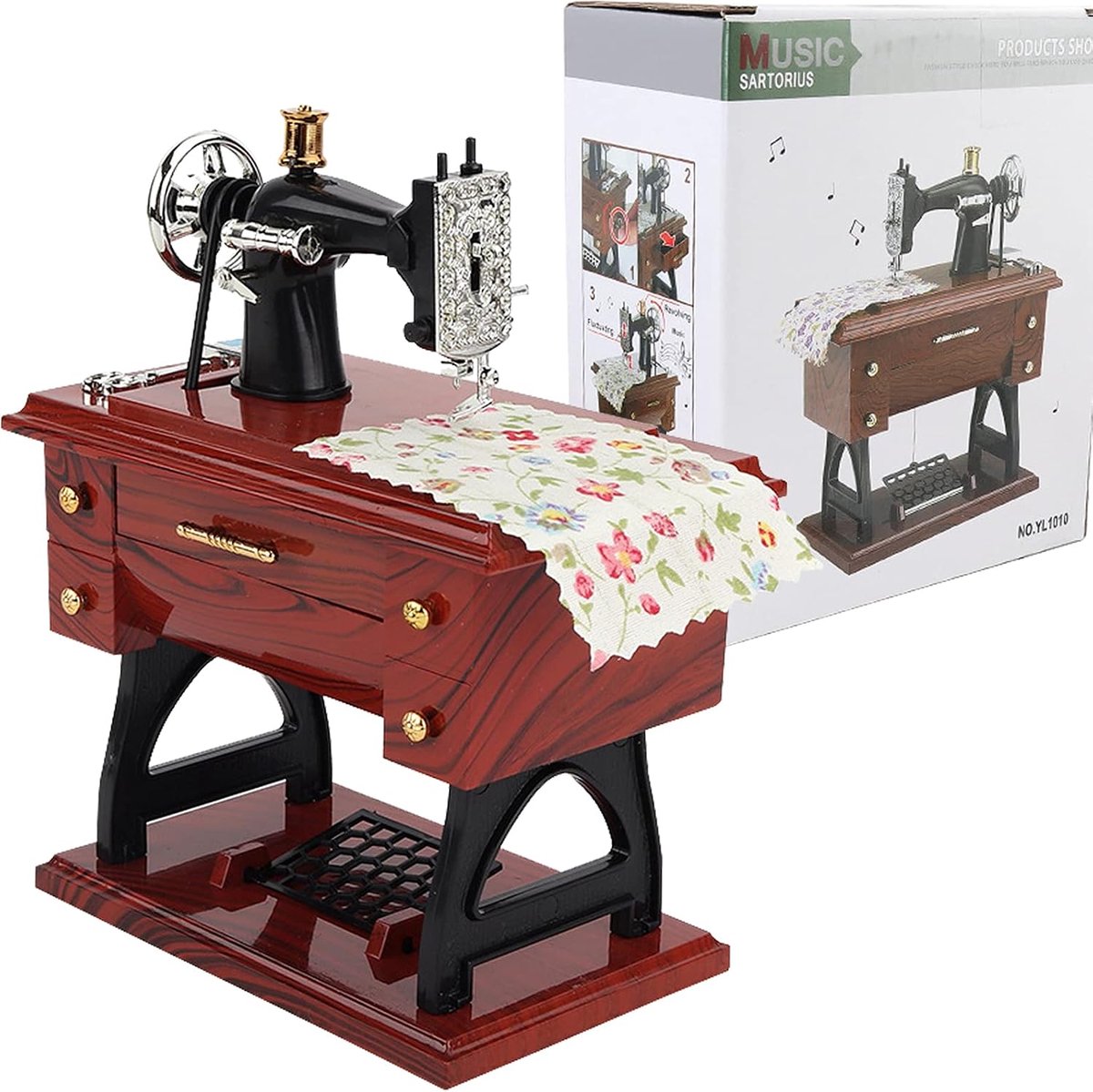 Mini Naaimachine Muziekdoos, Vintage Muziekdoos in Retro Ontwerp, Kunststof Tafeldecoratie voor Bureau en Woonkamer, Decoratief Speelgoed en Creatief Cadeau voor Kinderen, Bruin