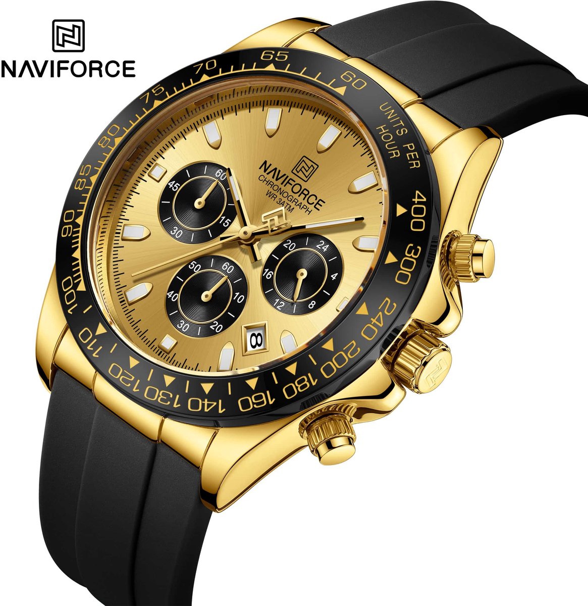 NAVIFORCE horloge voor mannen, met zwarte gefumeerde silica polsband, gouden uurwerkkast en gouden wijzerplaat ( model 8054 GGB )