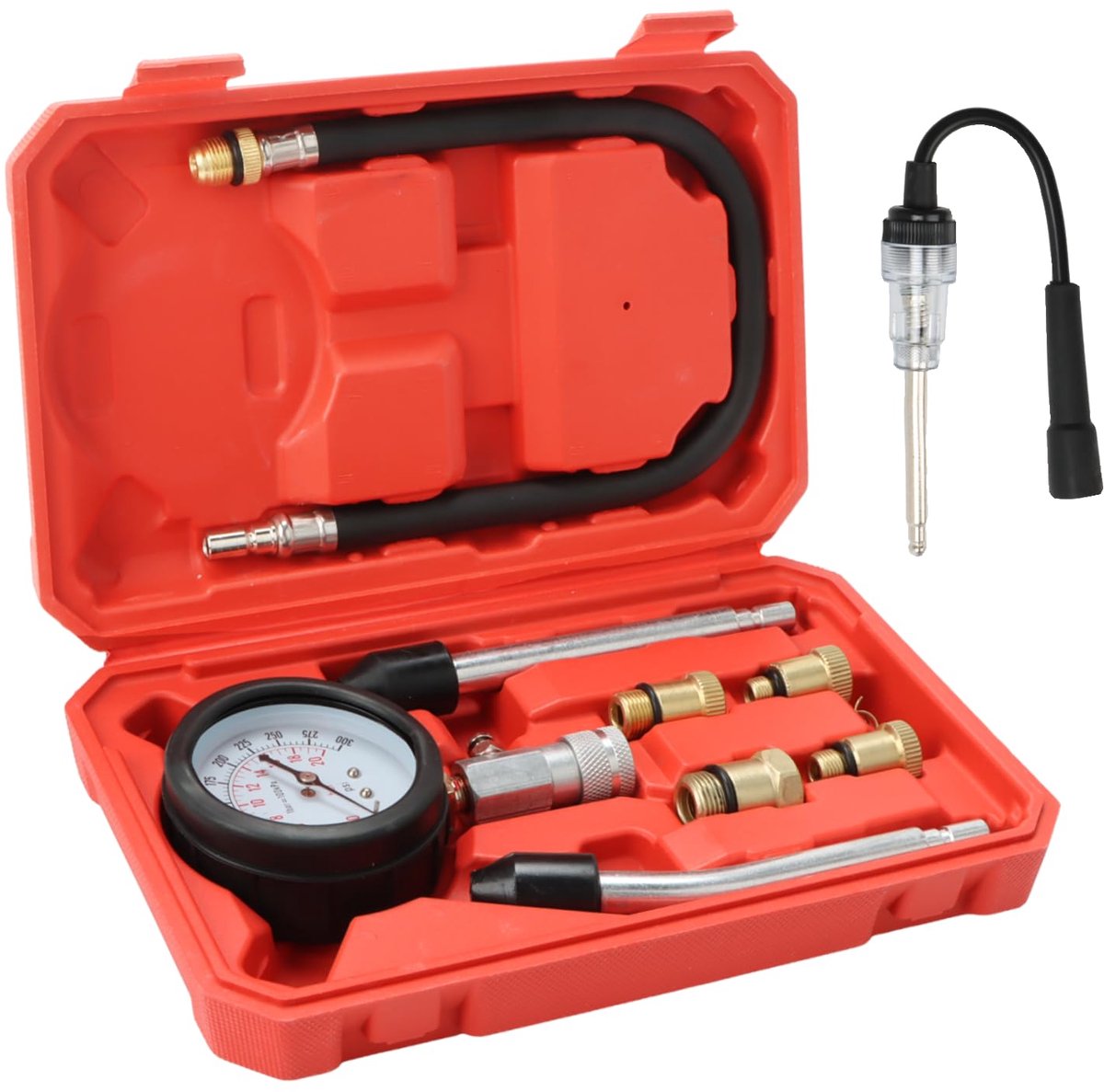 9-delig compressiemeter set AUTO Benzine motor compressietester 0-20 bar / 0-300 psi compressiemeter met 4 adapters - ShopVlot