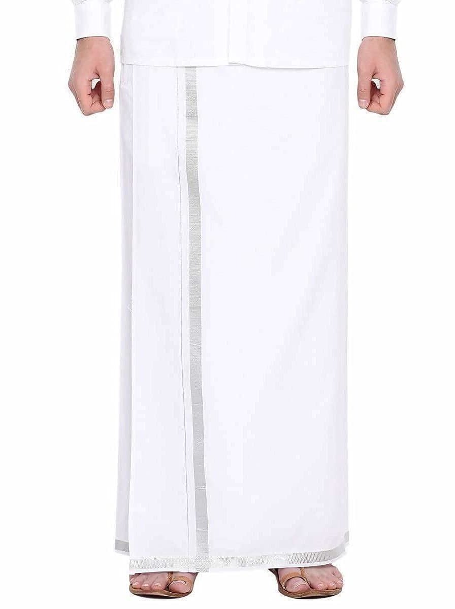 Mannen Traditionele Witte 100% Katoen Dhoti Met Zilveren Border 2 Meter door eshop7 one size - ShopVlot