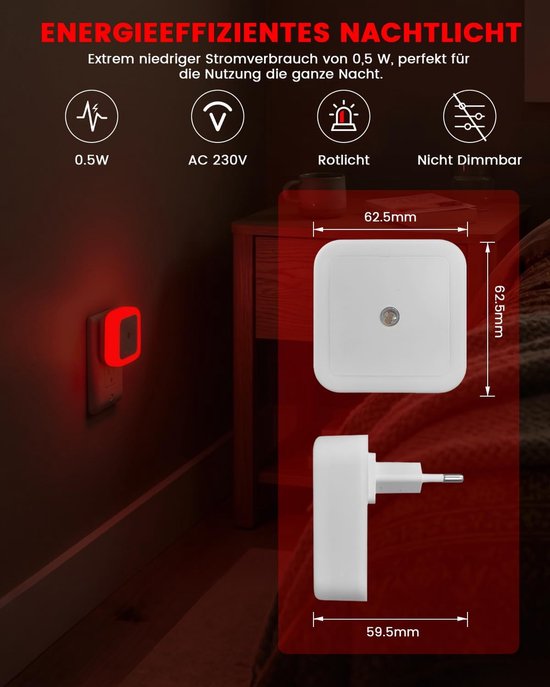 Nachtlampjes Set - Slaaplampjes Stekker - Veilig Oriënteren - Automatische Sensor - 2 Stuks - Rood — afbeelding 3