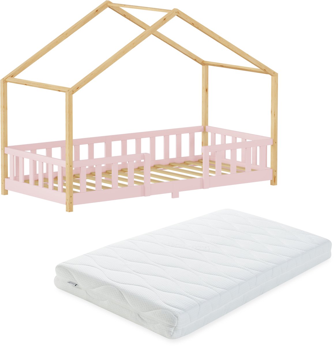 Kinderbed Treviolo met uitvalbeveiliging en matras 90x200 cm roze en naturel [en.casa]