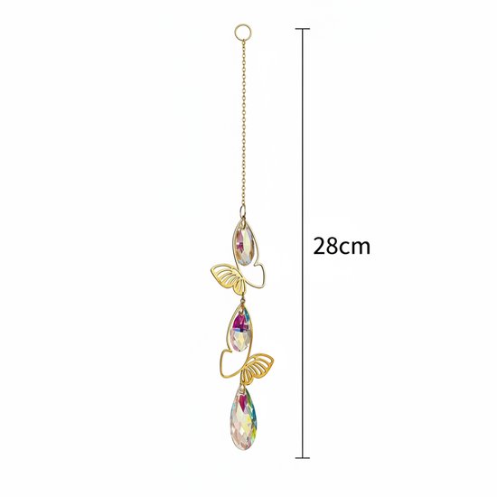 Gouden hanger met vlinders en kristallen, 28cm lang.
