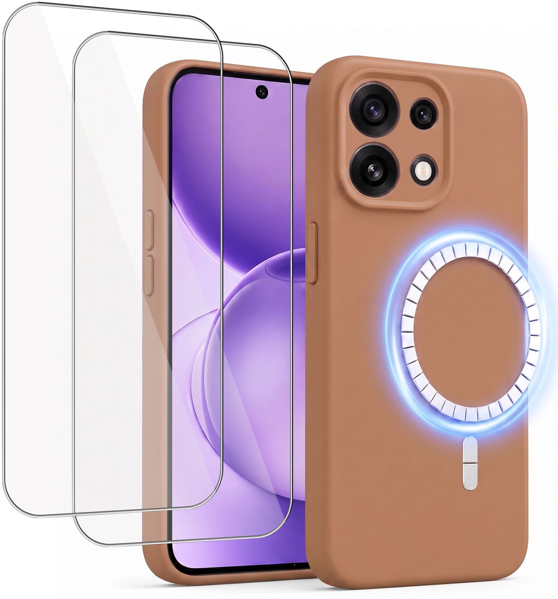 Hoesje + 2x Screenprotector geschikt voor Oppo Reno 16 Pro - Hoesje geschikt voor Magsafe - Draadloos opladen - Gehard Glas - Bruin