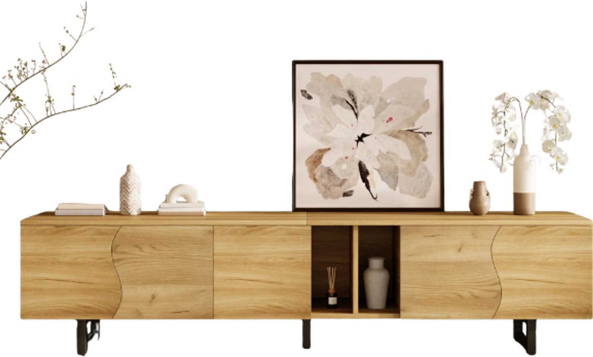 Emvae TV meubel - TV kast - Met 5 Deuren op Open Vakken - 191 x 38 x 46,5 cm - Hout - IJzeren Frame - Licht Eiken