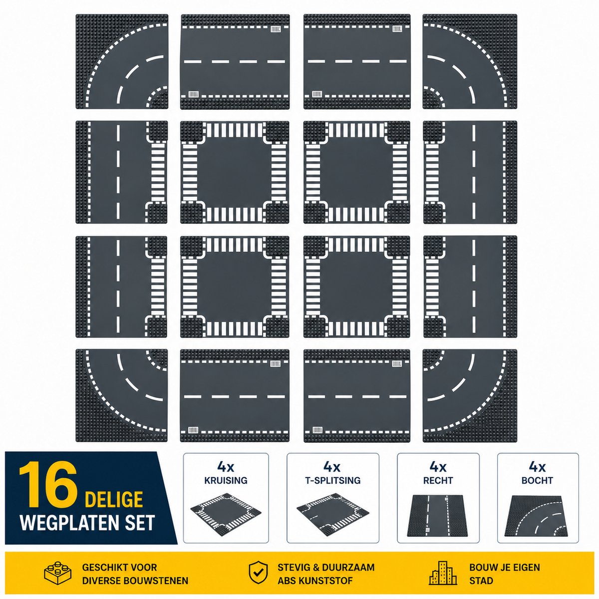 Hunta Wegplaten Set 16 Stuks – 4 Kruisingen, 4 T-Splitsingen, 4 Rechte Wegen en 4 Bochten – Bouwplaten 32x32