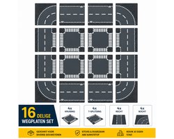 Hunta Wegplaten Set 16 Stuks – 4 Kruisingen, 4 T-Splitsingen, 4 Rechte Wegen en 4 Bochten – Bouwplaten 32x32 - geschikt voor LEGO