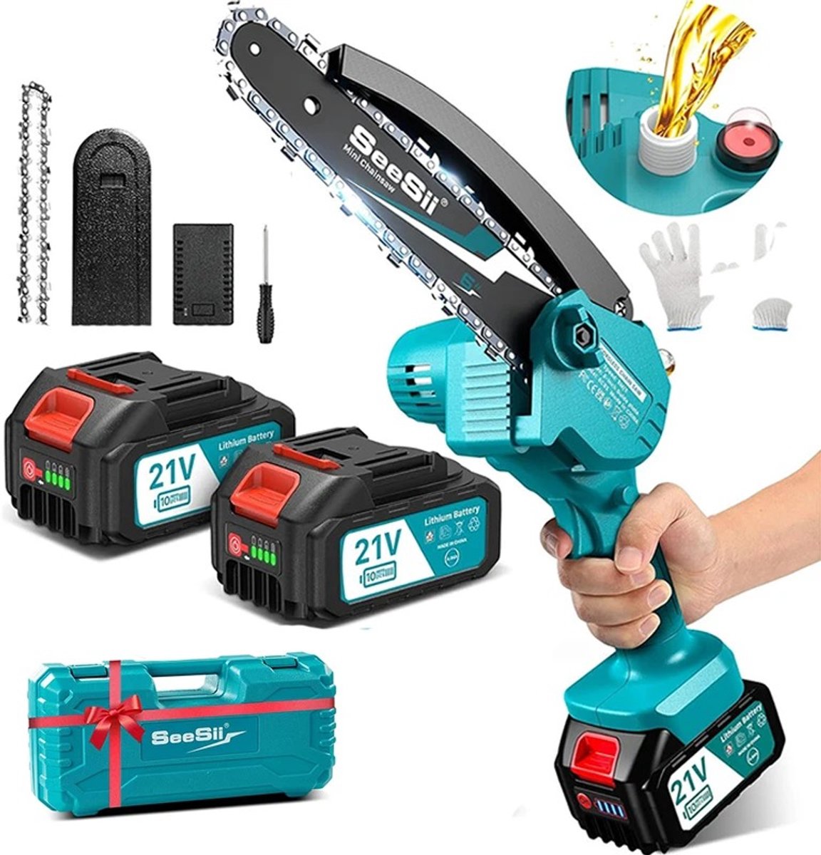 Nyoz elektrische mini kettingzaag - Snoeizaag - Boomzaag - Takkenzaag - 15,2 cm - 800W - 7m/s - 2x 4000 mAh accu - Met olietank