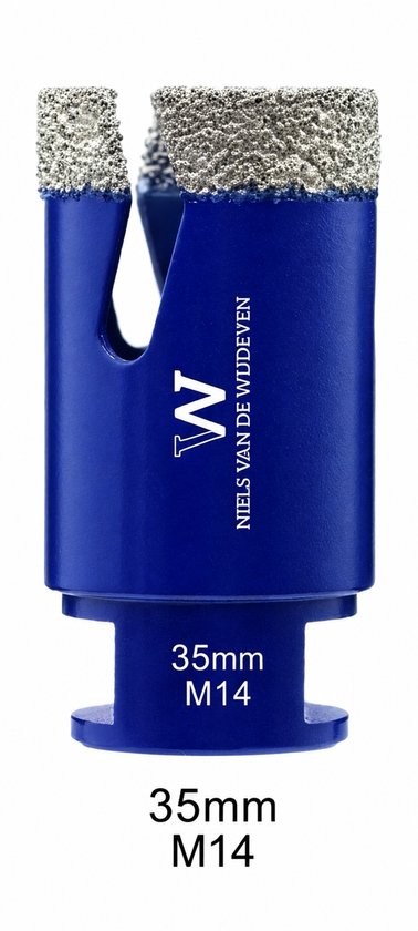 Blauwe diamantboor van 35 mm M14 met zilveren diamantslijpkop. Merk "W" Niels van de Wijdeven.