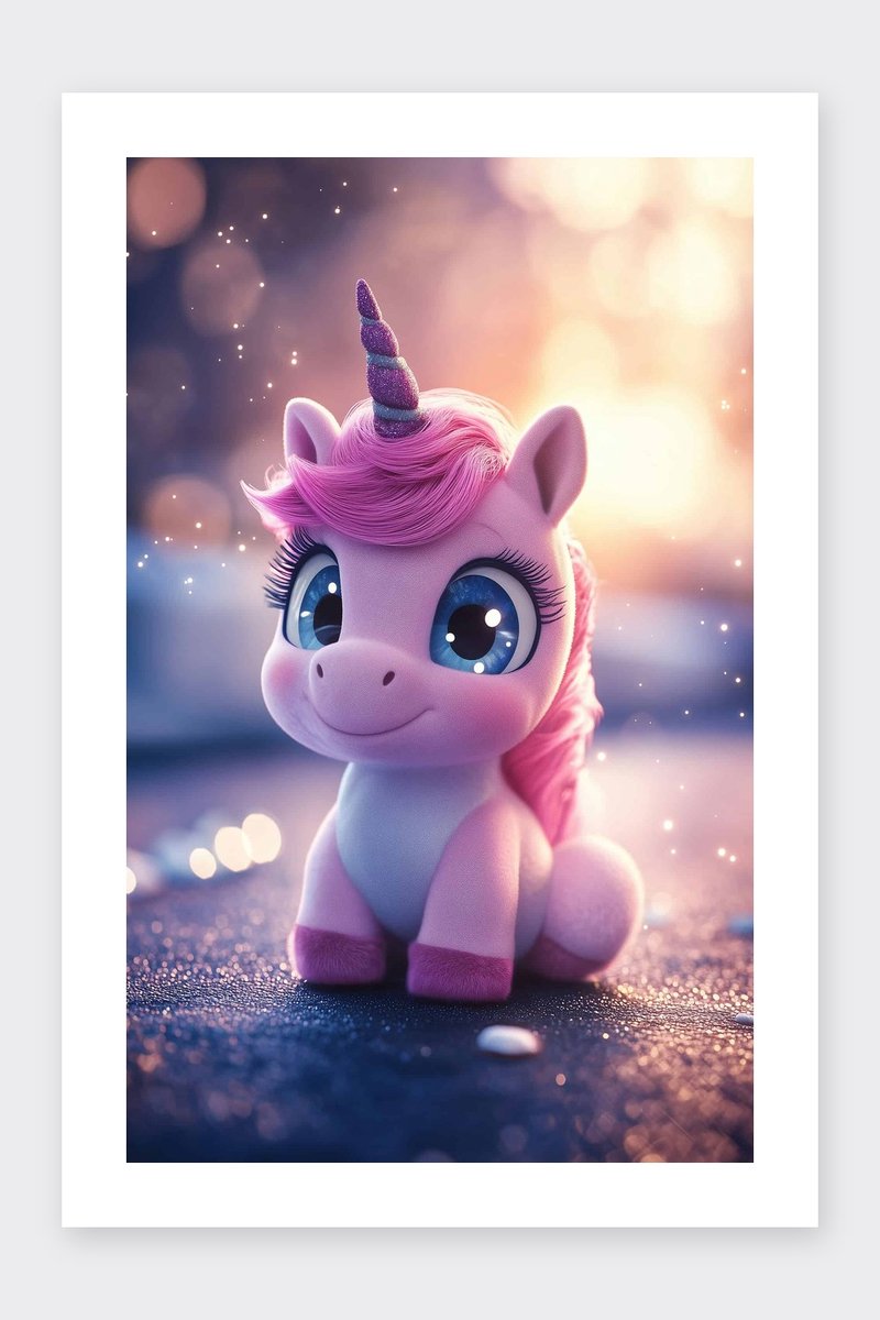 Eenhoorn Poster - Schattige - Kinderkamer - Kinder - Fantasie - Dieren - Magisch - Sprookjes - Cartoon - posters - formaat 30x40cm - Wanddecoratie - BXS4428KMD - Met kader - passe-partouts stijl