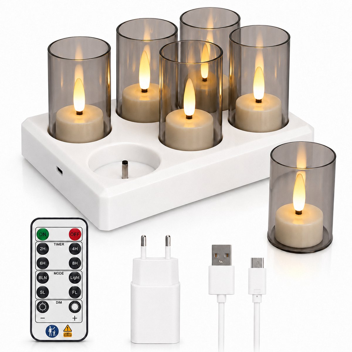 LED Kaarsen - 6-delige Set met Oplaadstation en Afstandsbediening - Dimbare en Timerfunctie - Realistisch Vlamlicht met Grijze Hoezen - Geschikt voor Verjaardag Feest en Woondecoratie - 6 Stuks