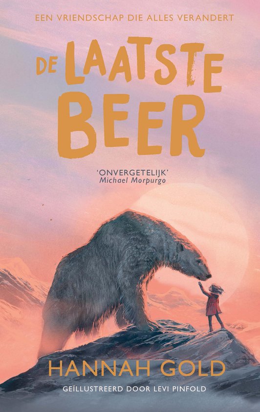 Livre 'Le dernier ours' avec un ours polaire regardant une fille, avec des montagnes et un coucher de soleil sur la couverture.