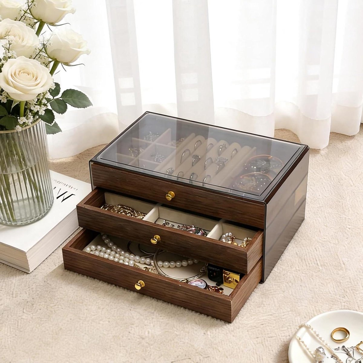 Juwelendoos met laden - Sieraden organizer - Sieraden opbergen - Uitneembare vakverdeling - 3 laden - Bruin