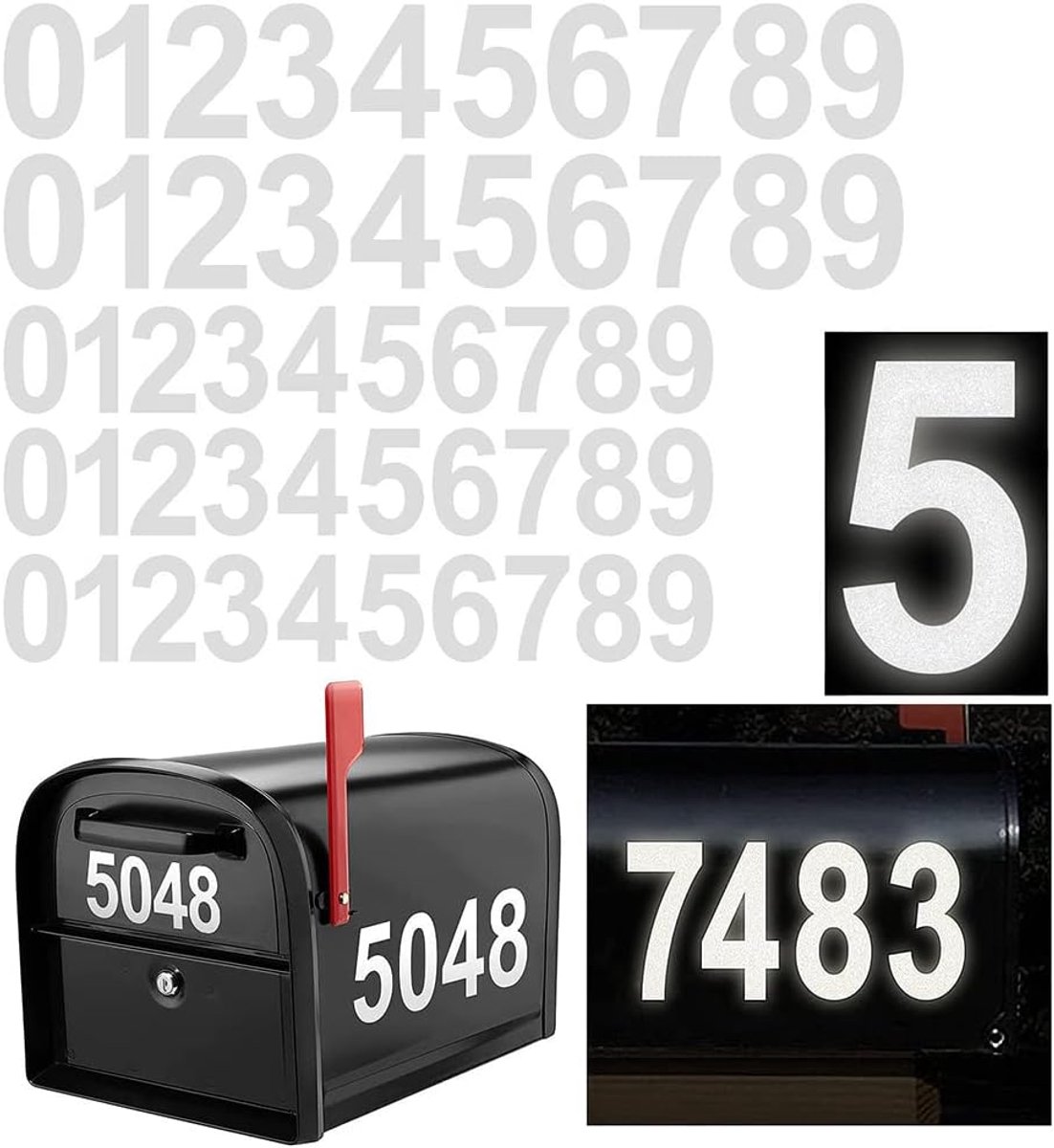 Nummerstickers, 5 stuks, reflecterende brievenbusnummers, waterdicht, sterk, zelfklevende nummers 0-9, water- en weerbestendig, nummerstickers voor thuis