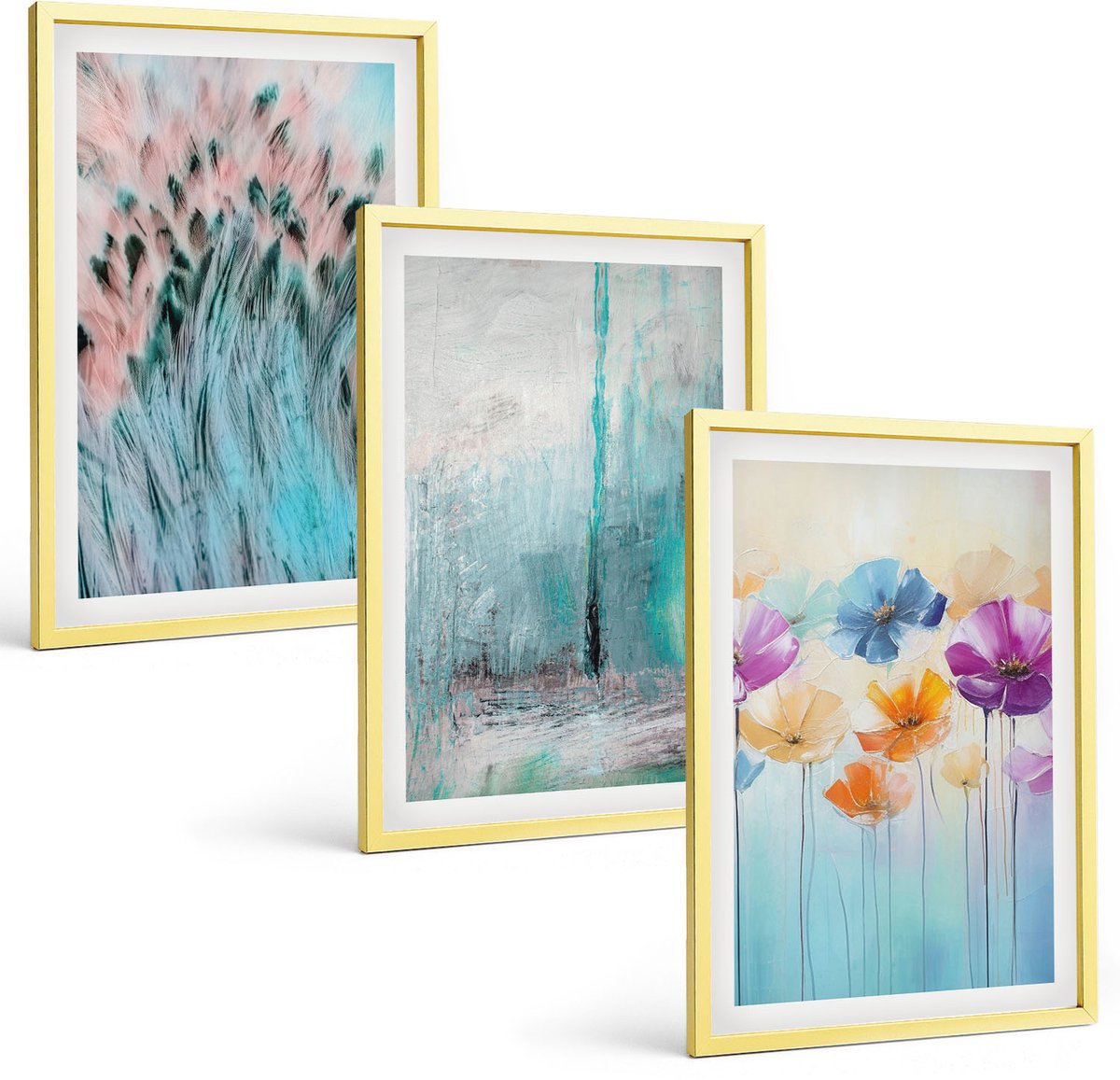 Coloray 3-Delige Schilderij Set - Winterbos, Blauwe Bloem, Blauw Wateroppervlak - 40 x 40 cm En 40 x 60 cm - Decoratieve Muurdecoratie - Slaapkamer - Woonkamer Decoratie