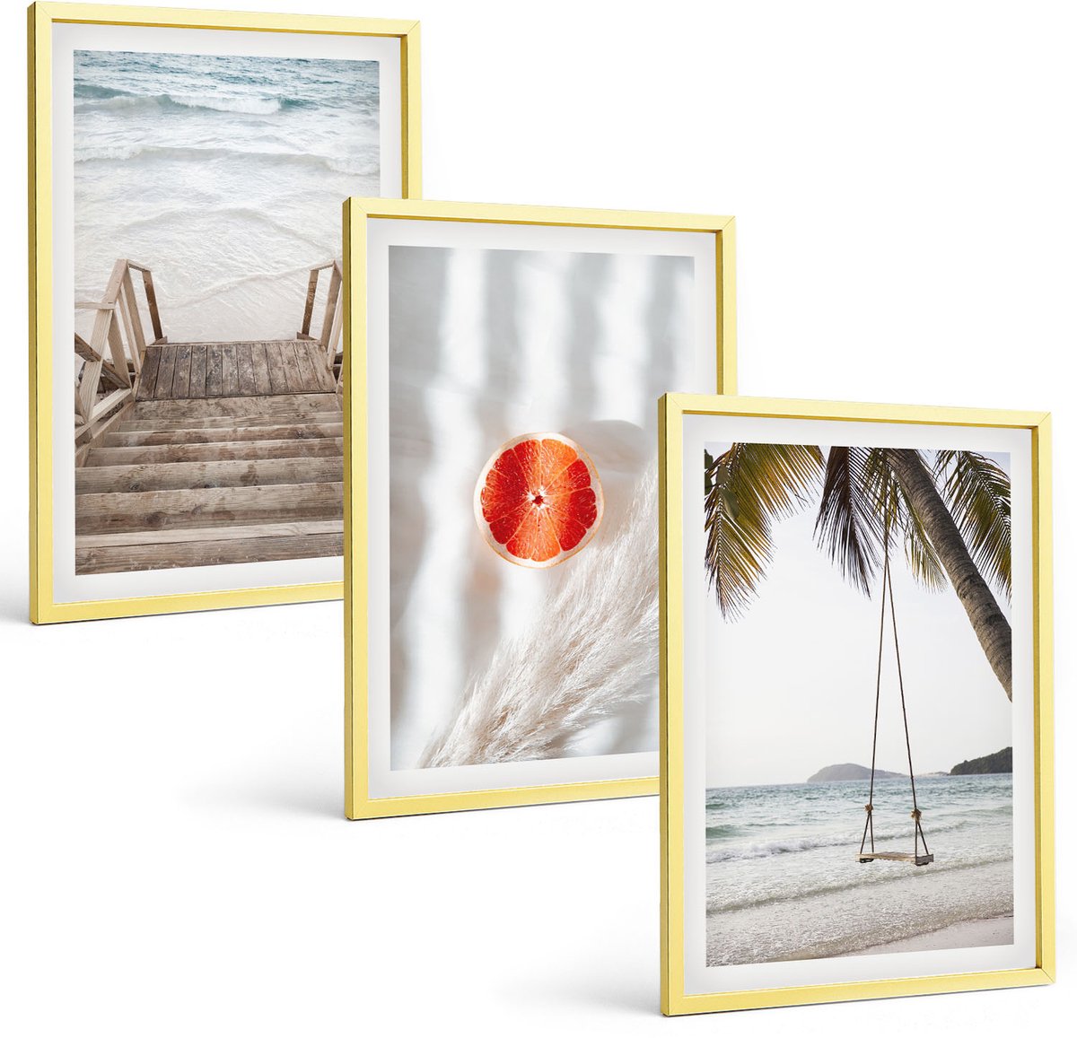 Coloray 3-Delige Schilderij Set - Strand Met Houten Trap, Vakantiesfeer - 40 x 40 cm En 40 x 60 cm - Stijlvolle Muurdecoratie - Kantoor - Interieur Decoratie